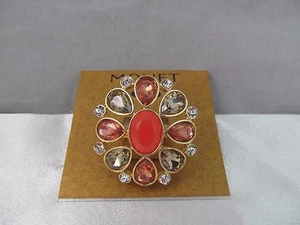 NWT MONET GOLD with CORAL COLOR & CLEAR RHINESTONES ADJUSTABLE STRETCH RING - Picture 1 of 6