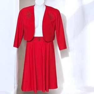 Vintage Leslie Fay Red Wool Suit A Line Skirt Elegant Open Jacket Black Sz 10P - Picture 1 of 11