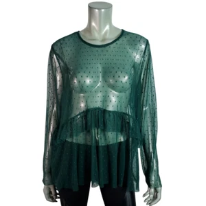 Massini Top Übergröße 1X gepunktet Rüschen transparent Stretch Langarm Freizeit grün - Bild 1 von 6