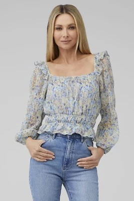ASTR The Label Blouse Elva TOP Floral Ruffle Ruched Smocked Festival New Taupe - Image 1 of 4