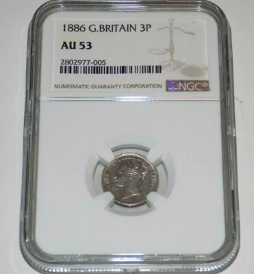 GREAT BRITAIN 1886 3P 3 Pence NGC AU53 AU 53 England Three Pence Certified Coin  - Image 1 of 4