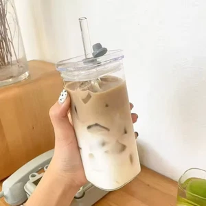 Summer Iced Coffee Glass Cup w Lid & Straw | Heat Resistant Square Mug for Juice - Picture 1 of 6