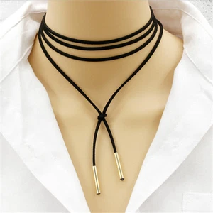 Boho Suede Leather Necklace Tie Choker Bohemian Gypsy Silver or Bronze A139 - Picture 1 of 4