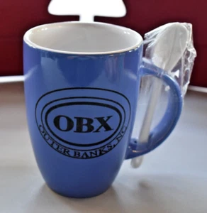1 ~ OBX Outer Banks, NC Coffee Mug & Spoon Set LIQUID LOGIC Blue 8-10oz 4.5"Tall - Picture 1 of 5