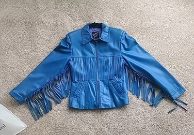 Tannery West Womens Vintage 80's Leather Fringe Blue  Western Jacket ZIP up Sz 6 - Image 1 of 4