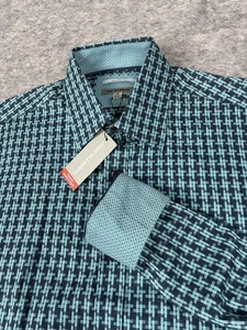 Nueva Camisa Johnston & Murphy Para Hombres M Geométrica Verde Azul Marino Ajuste A Medida Puños Abatibles - Imagen 1 de 7