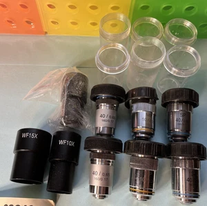 Lot of 9) Microscope Objectives 40X, MP10, SP40 and WF10X, WF15X Eyepieces - Picture 1 of 14