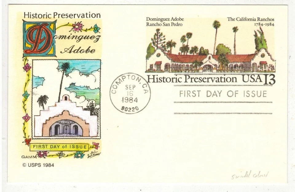 HANDPAINTED POSTAL CARD FDC UX104 CALIFORNIA RANCHOS BY GAMM/SWINDALL - Image 1 of 1