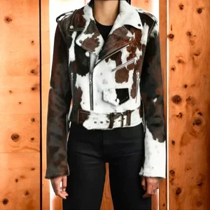 Women’s Real Cowhide Leather Jacket Hair-On Cow Skin Western Fashion Coat - Picture 1 of 5