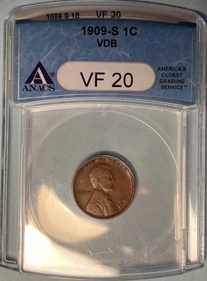 1909-S VDB Lincoln Cent Key Date ANACS VF20 — Only 484,000 Minted - Image 1 of 4