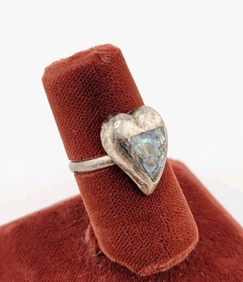 Vtg Sz 6 Ring Heart TAXCO Abalone Shell Sterling Silver Love Mexico Jewelry - Image 1 of 4