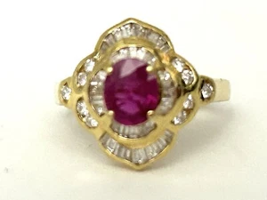 Oval Red Ruby & Diamond Halo Solitaire Ring 18k Yellow Gold - Picture 1 of 10