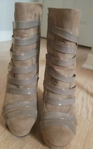 Women sz 8 taupe brown high platform striped faux suede wedge tall booties, RARE - Picture 1 of 6