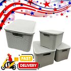 Light Grey Rattan Effect Laundry Bedroom Living Room Storage Baskets With Lids