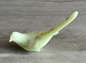 Vtg Fenton Handpainted Custard Glass Bird Pink Flowers Long Tail Artist Sig CHIP - Picture 1 of 20