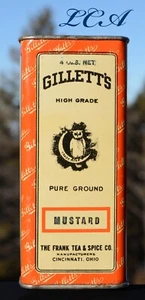 Raro GRANDE ALTO antiguo GILLETT MOSTARD lata con búho tamaño 4 oz FRANK TEA SPICE Co. - Imagen 1 de 5