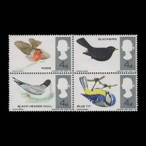 Great Britain 1966 (Variety) 4d British Birds ordinary block missing reddish bro - Picture 1 of 1