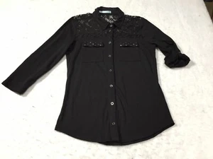 Maurices Blouse Button Up Womens M Black 3/4 Sleeve Roll Tab Crochet Accent - Picture 1 of 16