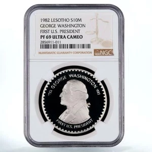 Lesotho 10 maloti Anniversary Washington First President PF 69 NGC silver 1982 - Picture 1 of 2