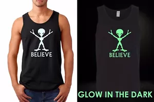 Camiseta sin mangas para hombre Believe Alien OVNI Ciencia ficción Brillo en la oscuridad Paz - Imagen 1 de 2