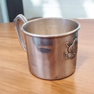 Antique Baker Manchester Sterling Silver Baby Cup Bunny  Personalized 1930 - Image 1 of 4