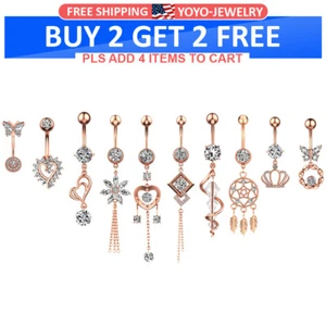 1PC Clear CZ Dangle Belly Button Navel Rings Rosegold Steel Curved Barbell 14G - Picture 1 of 15