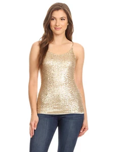 Spaghetti Strap Sequin Metal Chain Shiny Party Club Camisole Tank Top - Picture 1 of 39
