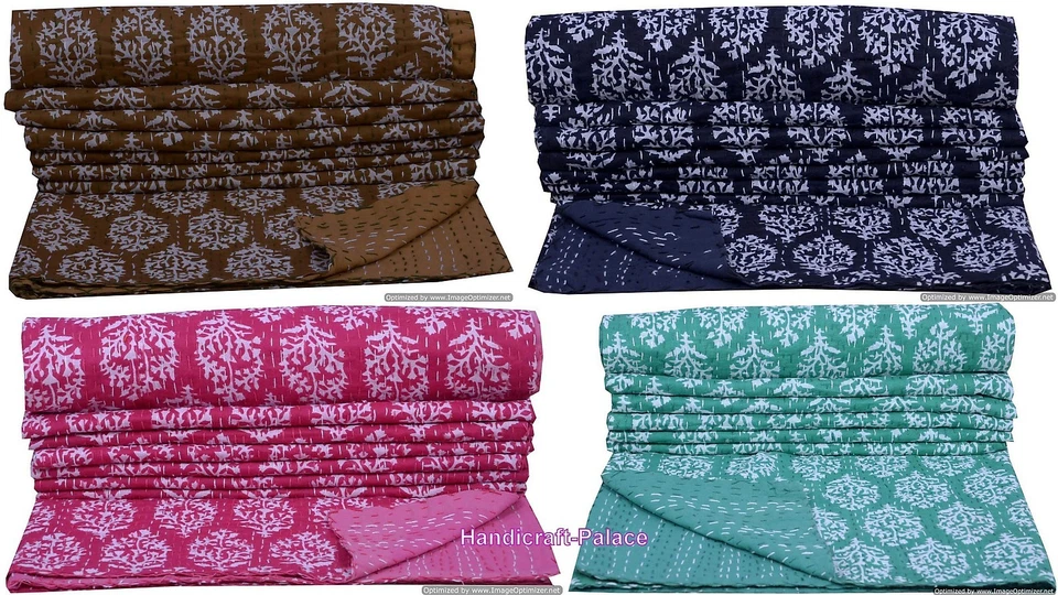 Indisch Wendbar Kantha Decke Ethnischer Überwurf Zwilling Größe Tagesdecke Bett - Bild 1 von 1