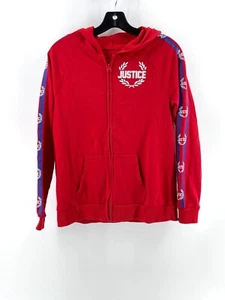 Justice Girl's Red Graphic Hooded Sweatshirt Hoodie Long Striped Sleeves 14/16 - Picture 1 of 11