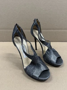 Jimmy Choo Anthracite Silver Glitter Peep Toe Sandals Size 37 - Picture 1 of 7