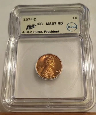 1974 D Lincoln Memorial Cent ICG MS67 RD (RARE) AUSTIN HUTTO SIGNED - Image 1 of 4
