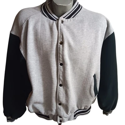 Chaqueta Universitaria Grande Años 90 De Colección Cierre a Presión Cuello a Rayas OG Gris Jaspeado Foto 1 de 4