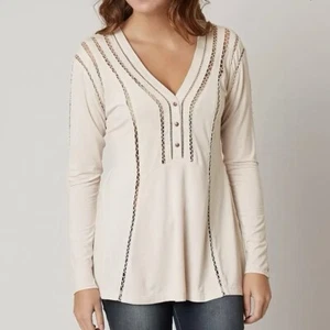 BKE Tunic Top Cream Henley Crochet Peasant Boho Size XL V-Neck Neutral Cream - Picture 1 of 14