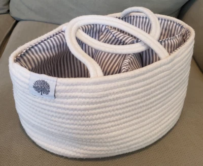 Coiled Rope Diaper Tote with 3 Dividers Sections Cream White Gray Stripes Handle - Image 1 of 4