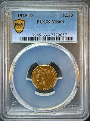 1925-D $2.50 Gold Indian Head Quarter Eagle PCGS MS63 Gold Shield  - Image 1 of 4