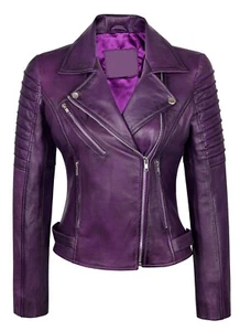 Women’s Motorcycle Biker 100% Real Leather Jacket Lambskin Leather Purple Jacket - Picture 1 of 8