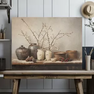 Rustic Elegance Canvas Print - Winter Blossoms, Earthy Farmhouse Decor, Vintage - Picture 1 of 17