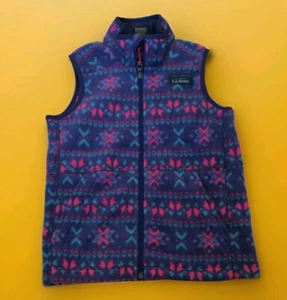 LL Bean Girl's Fleece Purple Fair Isle Print Full Zip Pockets Vest! S Excellent  - Picture 1 of 3