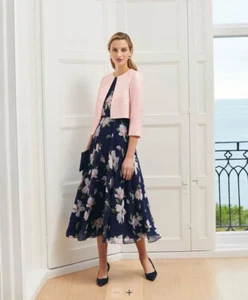 Hobbs Carly Navy Blue Floral Print Midi Dress Pink Size UK 10 Party Wedding - Picture 1 of 17
