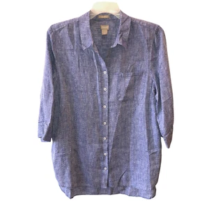 Chicos Womens XL 3 Blue No Iron 100% Linen Textured Button Up Tunic Shirt Top - Picture 1 of 8
