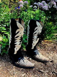 Vintage Ladies SANCHO SPAIN Leather Cowboy Boots US 7.5 -8 BLK/ CREAM EXC. - Imagen 1 de 15