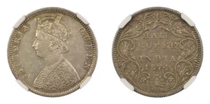 British India 1874 (B) Victoria 1/2 (Half) Rupee NGC Graded AU 55 - Picture 1 of 3