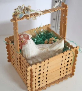 Vintage Folk Art Popsicle Stick Basket Paper Mache Chicken - Picture 1 of 10