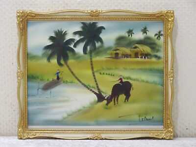 Bild Gemälde Auf Stoff - Vietnam - Signiert - Wasserbüffel - Kunststoffrahmen • 17€