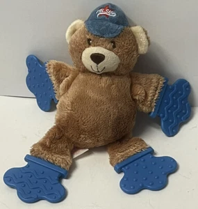 Bright Starts Brown Baseball Bear Blue Teether Hands Rattle Plush Baby Toy 7” - Picture 1 of 4