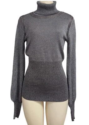 Kaily K Mancha Metálica Cuello Alto Gris Top Acanalado Elástico Globo Manga Abullonada M Foto 1 de 4