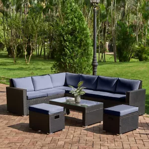 8 Seater Rattan Garden Furniture Set Cushions Corner Sofa Table Stool w/ Cover - Picture 1 of 8