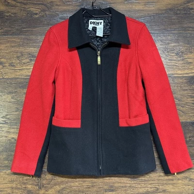 DKNY Jeans Women's 100% Wool Jacket - Full Zip, Black Red Color Block - Size 8 - Image 1 of 3