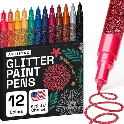 12 Glitter Paint Pens Sparkly and Shiny for Rock Painting, Stone, Ceramic, Glass - Image 1 of 4
