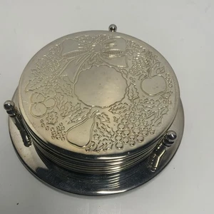 Vintage Silver Plated Engraved Christmas Coaster Set - 6 coasters and holder - Picture 1 of 11